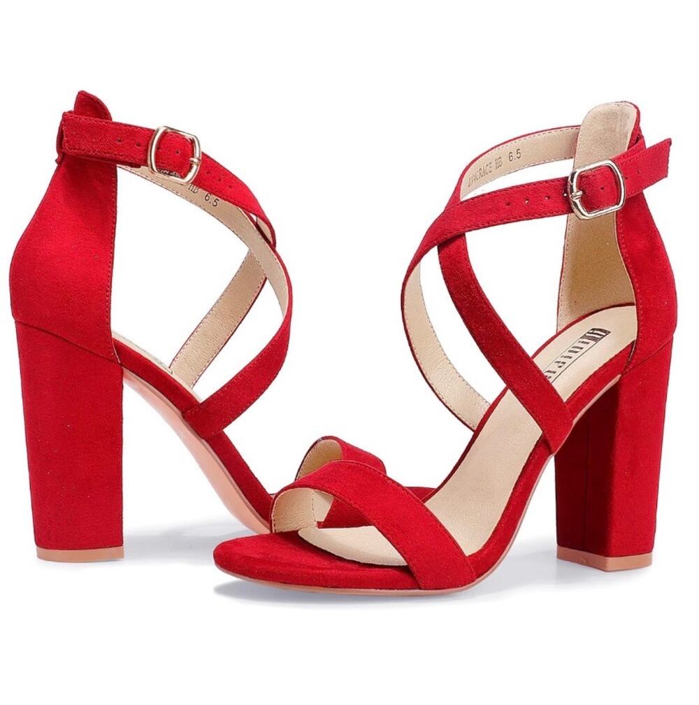 Red suede chunky block heels new women’s size 6
